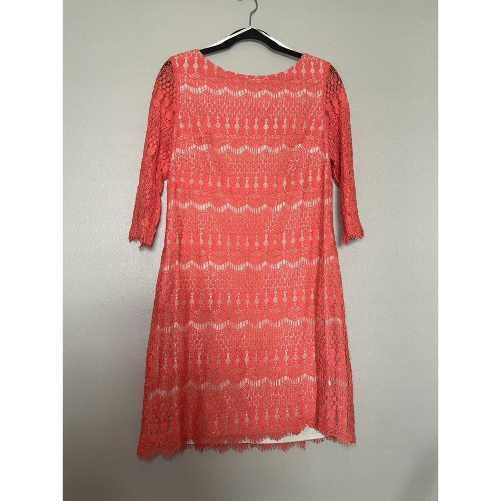 Eliza J. Nordstrom Women's Coral Orange Lace Shift Dress Size 14 3/4 Sleeve